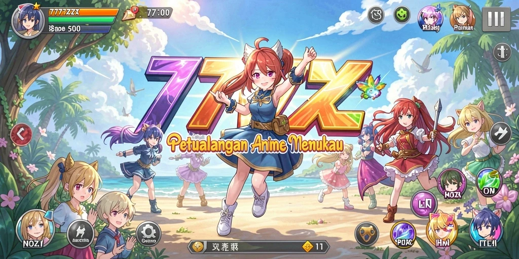 Tampilan gameplay yang penuh warna dari 777ZX dengan karakter anime.