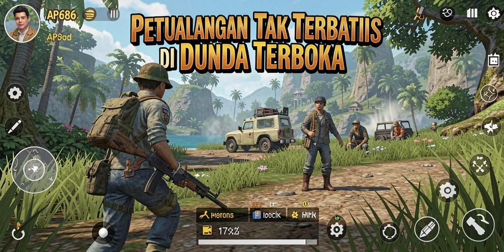 Screenshot gameplay menunjukkan eksplorasi dunia terbuka yang luas.