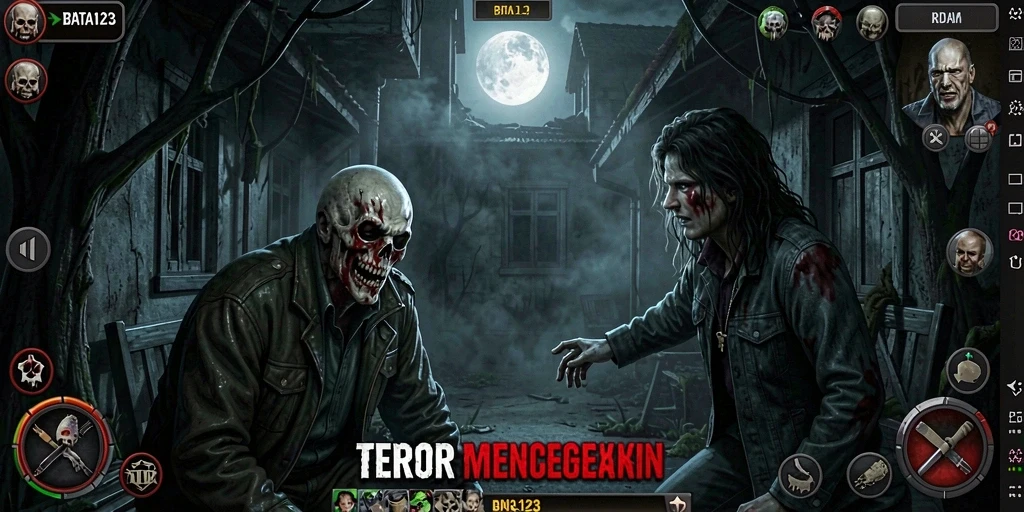 Tangkapan layar gameplay menegangkan dari BATA123 dengan suasana gelap dan menyeramkan.