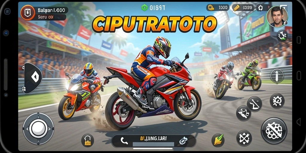 Screenshot gameplay menampilkan aksi balapan motor yang seru.