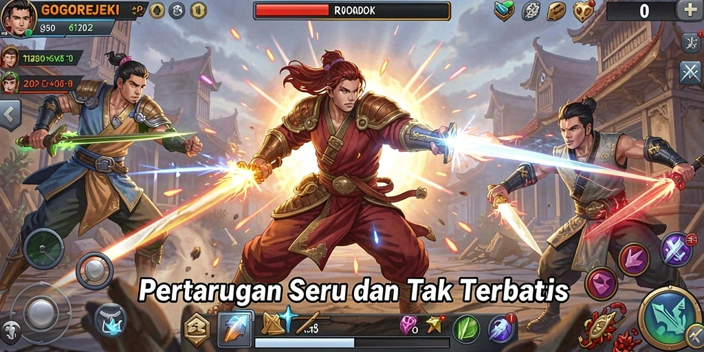 Screenshot GOGOREJEKI menampilkan pertarungan epik antar karakter.