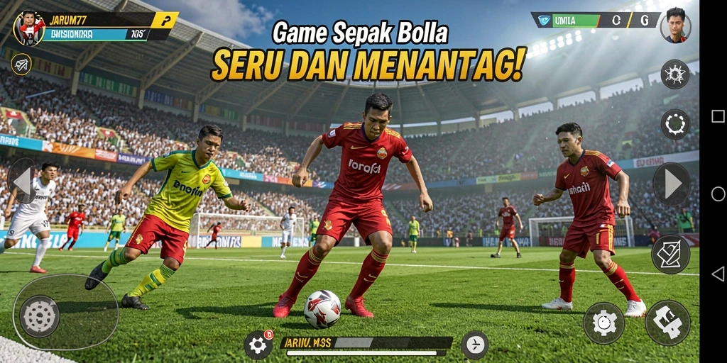 Screenshot gameplay JARUM77 menunjukkan aksi seru di lapangan sepak bola.