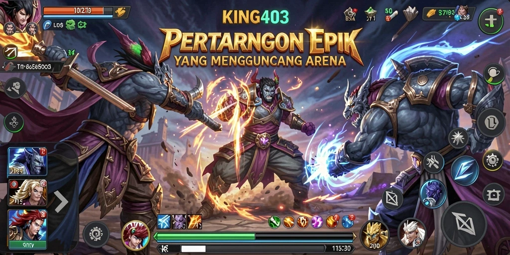 Screenshot gameplay KING403 dengan karakter bertarung di arena.