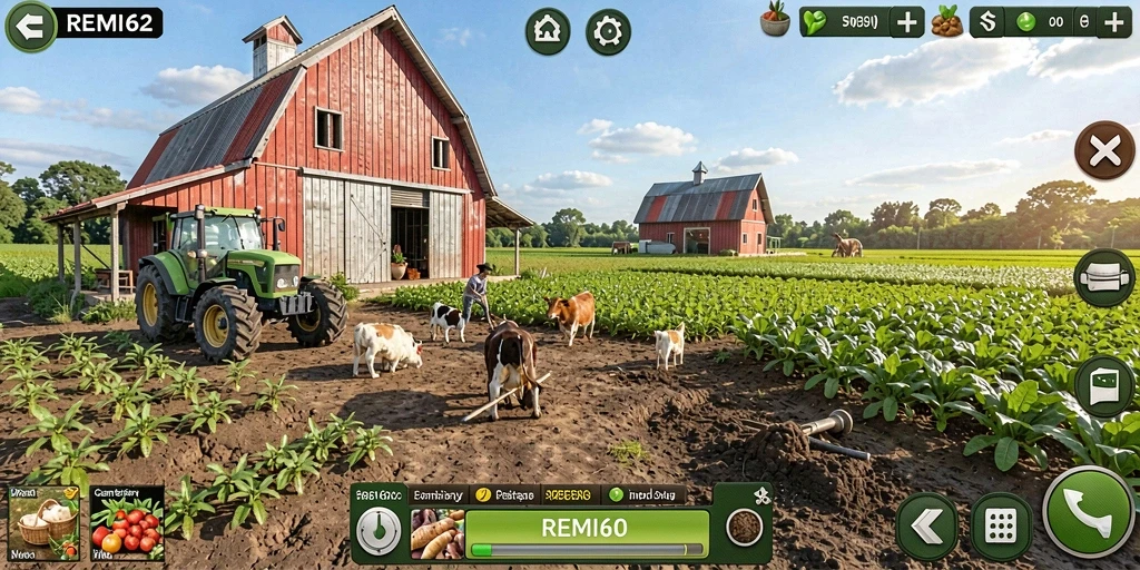 Tampilan gameplay REMI62 yang penuh warna dan menarik saat bertani.