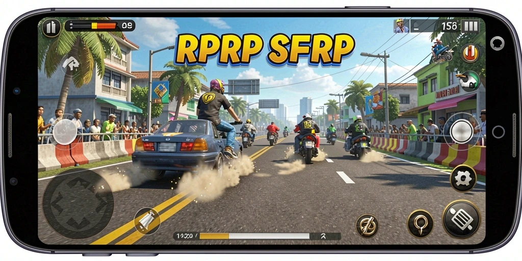 Tangkapan layar utama RPRPRP menampilkan aksi balapan yang intens.