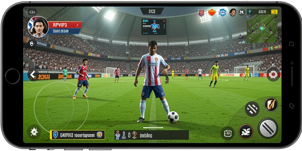 Gameplay RPVIP3 menampilkan aksi sepak bola yang mendebarkan.