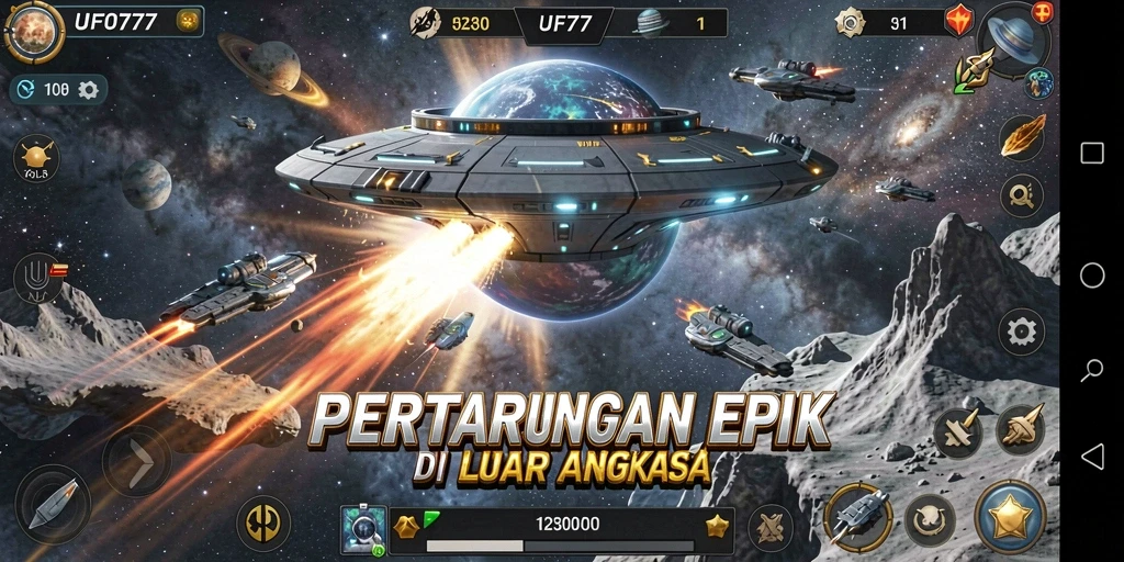 Tampilan gameplay dinamis dan seru dalam pertarungan luar angkasa.
