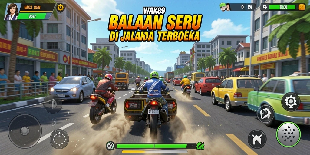 Tampilan gameplay seru dari WAK89 dengan mobil balap yang cepat.